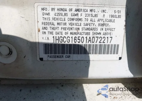 2001 Honda Accord 3.0 Ex from USA, damaged, VIN 1HGCG16501A072217